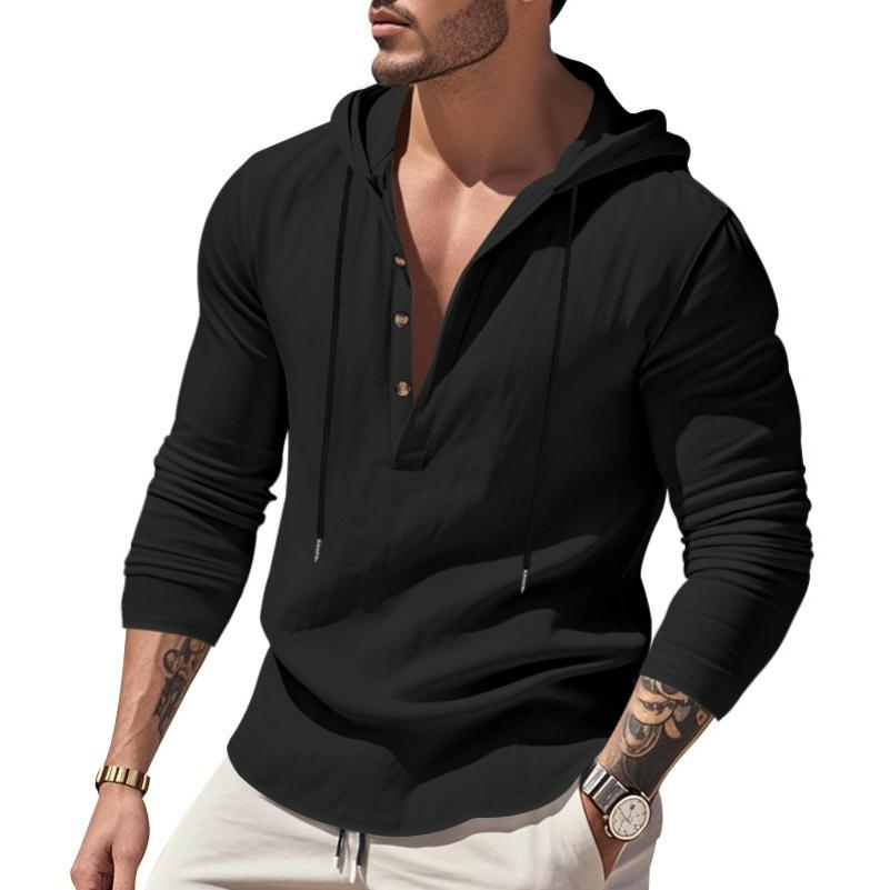 Men's Spring and Autumn Long-sleeved Linen Shirt Hooded Bottoming Shirt Casual T-shirt Sweater Men