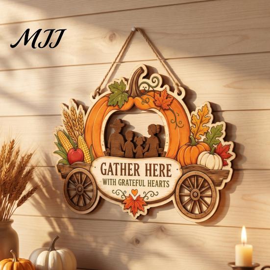 Harvest Theme Home Decoration Thanksgiving Front Door Hanging Sign, Pumpkin Turkey Pattern Hanger, Autumn Indoor Outdoor Holiday Sign Wall Ornament