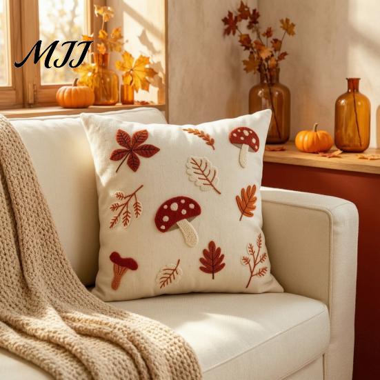 Embroidered Mushroom Cushion Covers Autumn Pillowcase, Leaf Throw Pillow Cover, 18"x18" 20"x12" Cozy Living Room Decor Farmhouse Cover for Sofa