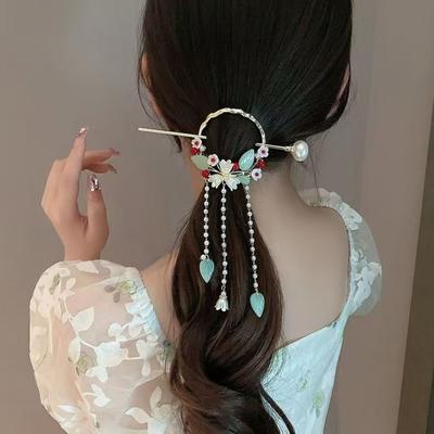 New Elegant Hanfu Hairpin Vintage Alloy Material Floral Hair Accessory Flower Design Long Tassels Pearls Hair Sticks Festivals