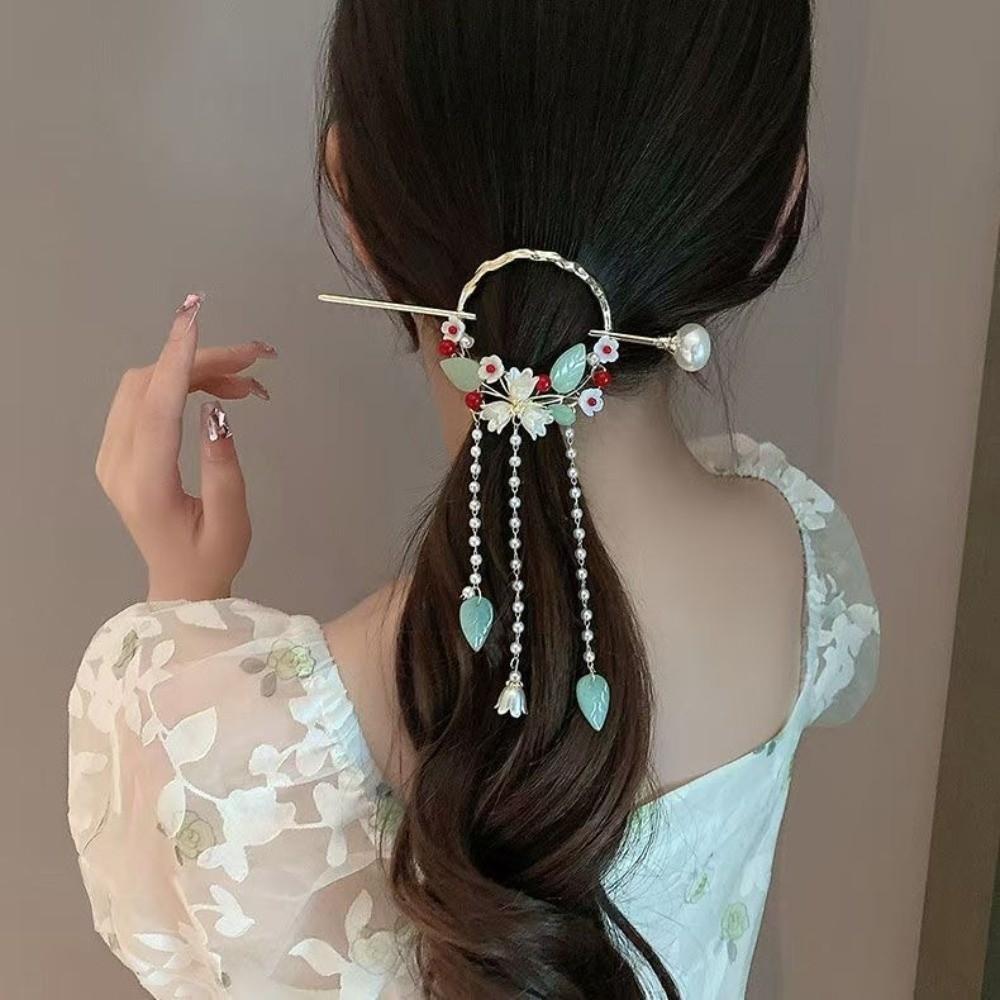 Long Tassels Floral Hair Accessory Elegant Pearls Hair Sticks Hanfu Hairpin  Cheongsam Matching