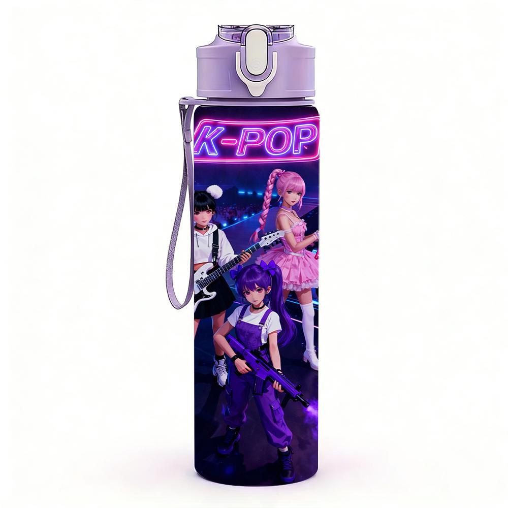 1PC Dark Neon Kpop Girl Live Stage Scene 750ml Color Plastic Water Bottle Leakproof Flip Straw Lid For Sports Office Home Use