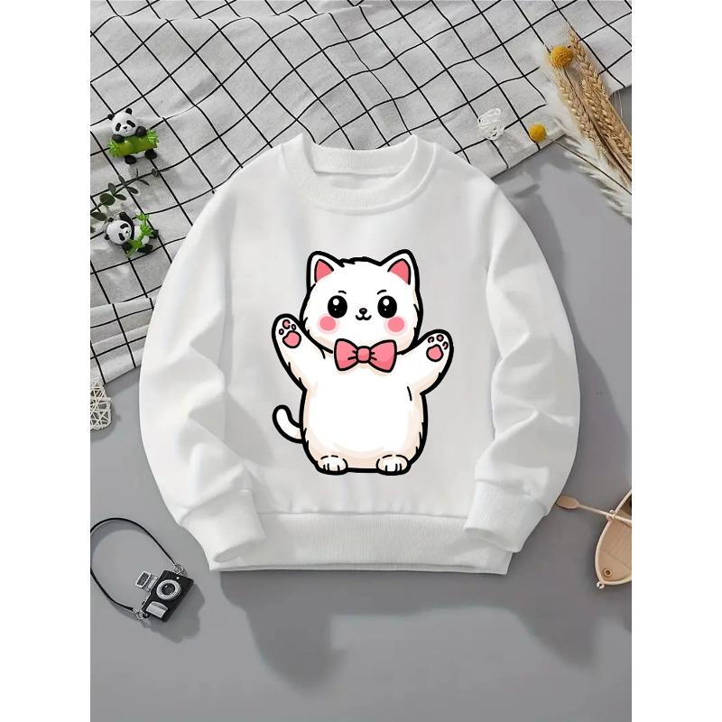 European sizes Girls Crewneck Sweatshirt - Cute White Cat with Pink Bow, Sportswear And Casual Wear, Soft And Comfortable 110