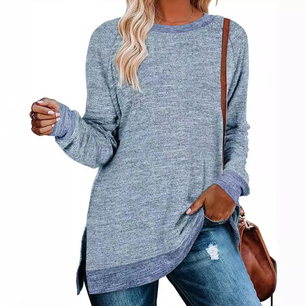 European American Women's Color Block Split Long Sleeve Crew Neck Loose Casual Pullover T-shirt Top