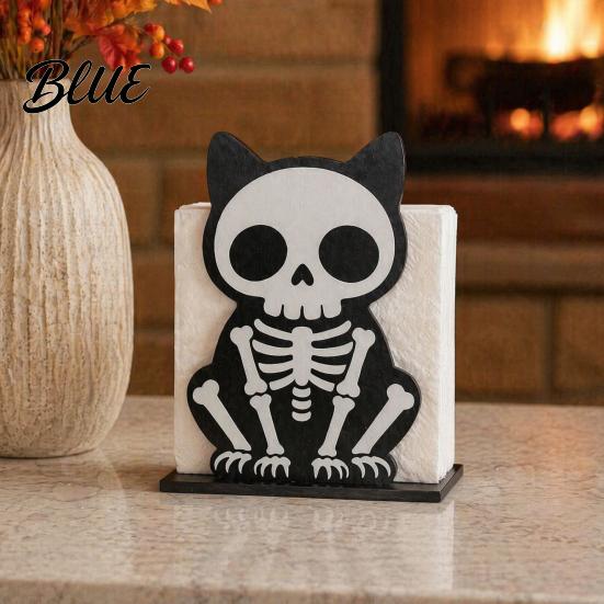 Gothic Kitchen Decor Halloween Wooden Napkin Holder Ghost Pumpkin Skeleton Cat Bat Tissue Dispenser Waterproof Dark Theme Table Organizer