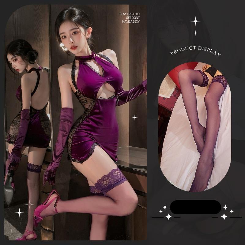Sexy Underwear Sexy Underwear Pure Lace Splicing Velvet Temperament Skinny Purple Charm Neck Classical Cheongsam