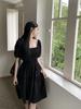 Plus Size French Bubble Sleeve Square Neck Summer Dress - Slimming Hepburn Style Little Black Dress