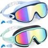 2 Pack Anti-Fog Anti-UV Swimming Goggles HD Diving Goggles with Earplugs Anti Choking Women Men Large Frame Silicone Swim Ggles
