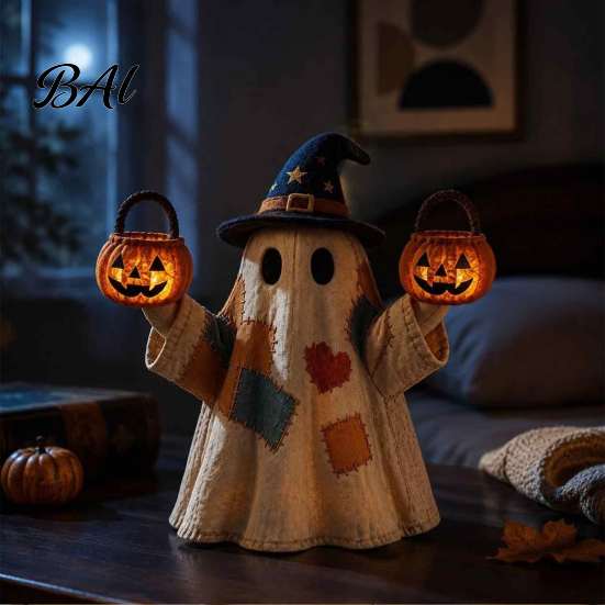 LED Light Up Ghost Lighted Vintage Patchwork Ghost, Halloween Decor for Home Display, Vintage-inspired Figurine Cute with Soft Mantels Shelves Porches