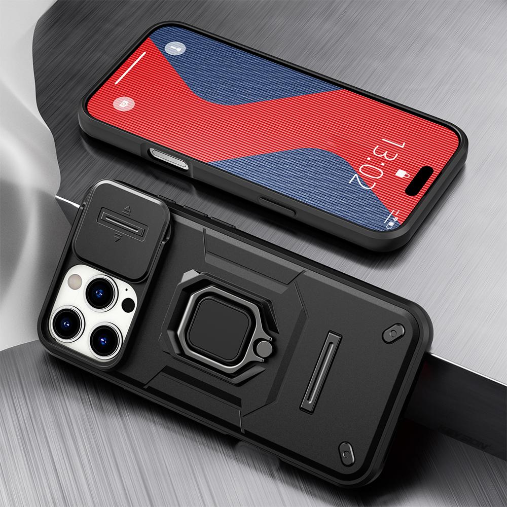 

Противоударный защитный чехол KEYSION для iPhone 16 Pro Max Slide Push Pull Camera Protection Ring Stand Phone Cover для iPhone 16 Plus for iPhone 16 Pro Max чёрный