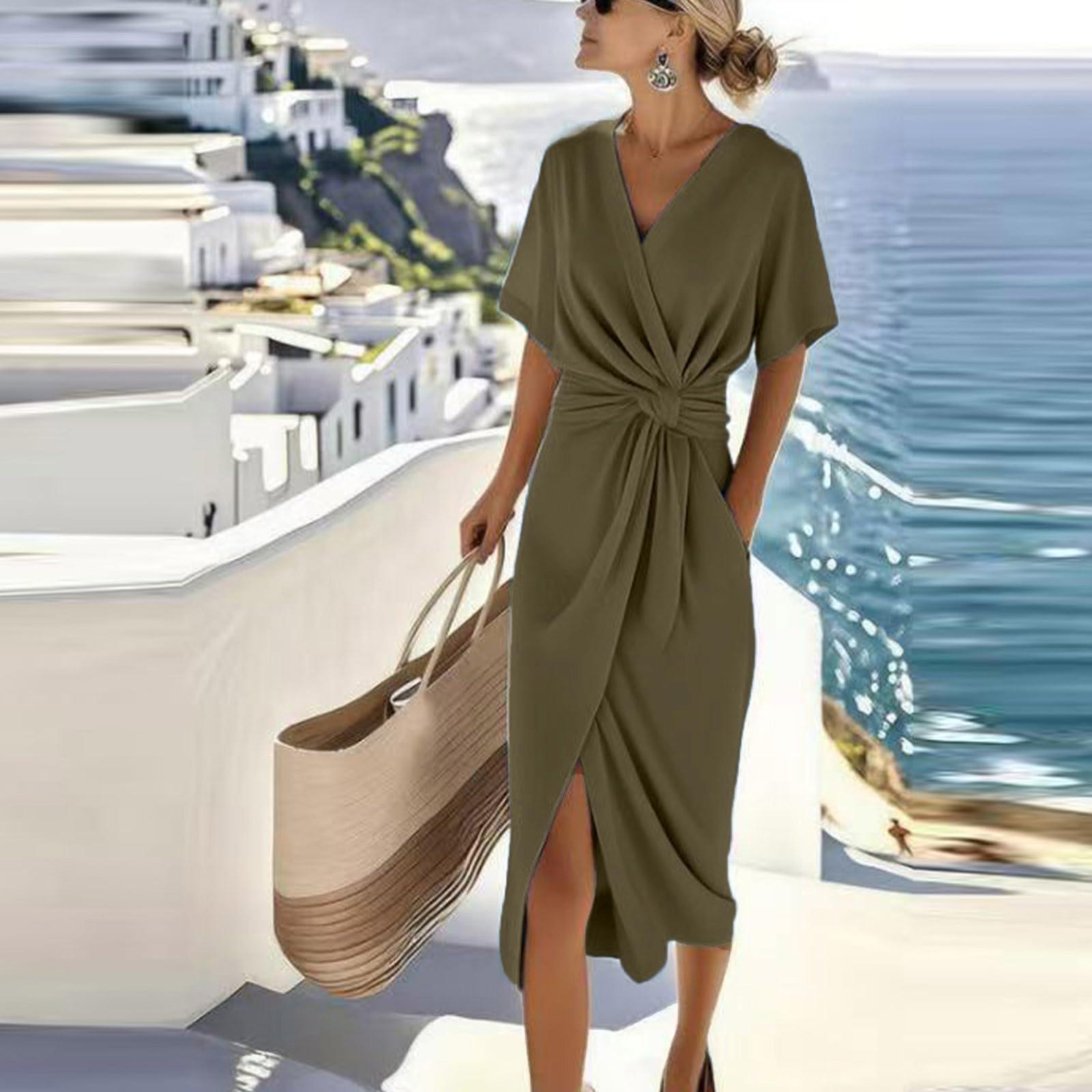 Womens Maxi Dress V Neck Short Sleeve Solid Wrap Front Knot Waist Split Hem Soft Stretchy Casual Elegant Dress XL хаки