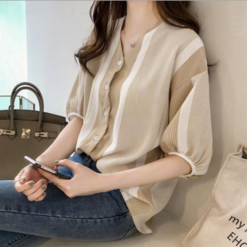Fashion Womens Casual Half Sleeve Colorblock Striped Shirt Sleeve Top