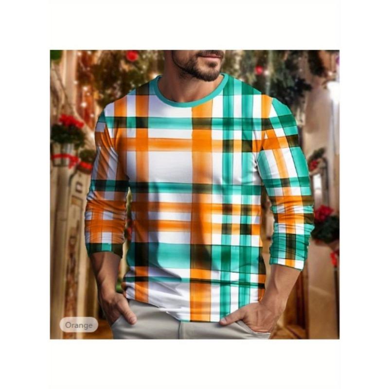 Men's casual sports 3D printed simple round neck long sleeved top