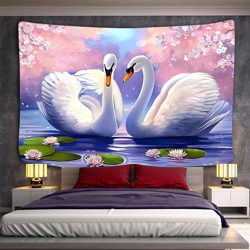 Swans Couples Tapestry Animals Birds Tapestry Romantic Aesthetic Love Tapestry Wall Hanging for Bedroom Living Room Dorm Decor