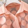 Frauen Sommer Chiffon Hemd Revers Laterne Langarm Shirt Tops 3D Blumen Druck Semi-Sheer Mesh Spleißen Einreiher bluse
