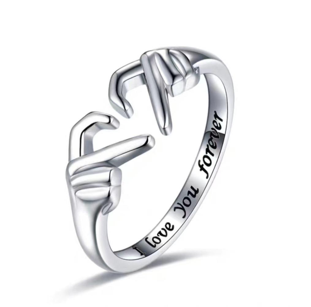 2pcs Lettering Silver Color Warmly Embraced Love Hug Open Ring Women Creative Hands Embracing Adjustable Valentine's Day Rings