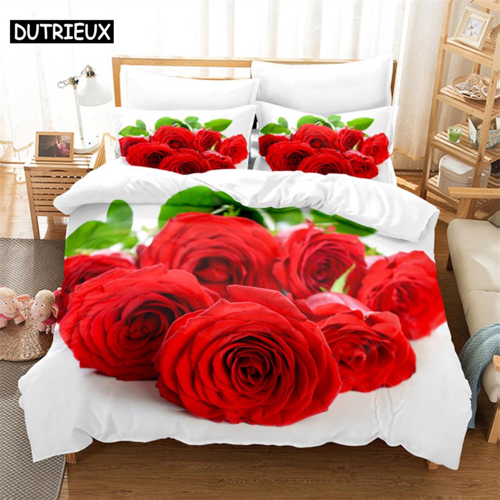 3D potisk červené růže - 3dílná sada povlaku na přikrývku, k dispozici ve velikostech King, Queen, Full, Single & Double