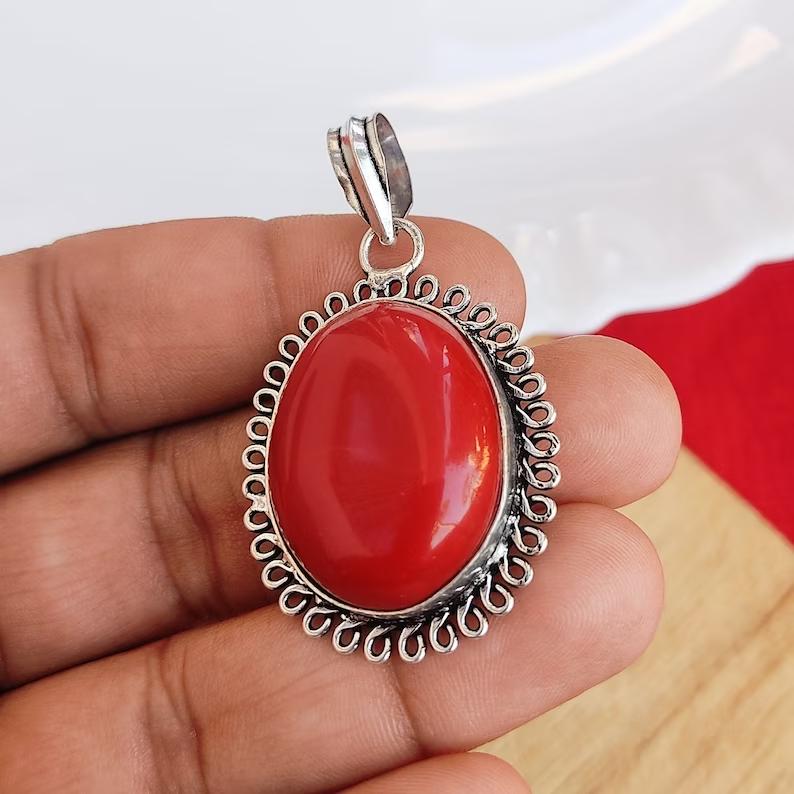 Φυσικό Κόκκινο Κοράλλι Κρεμαστό Πετράδι Ασημένιο 925 Κρεμαστό με Αλυσίδα Κολιέ