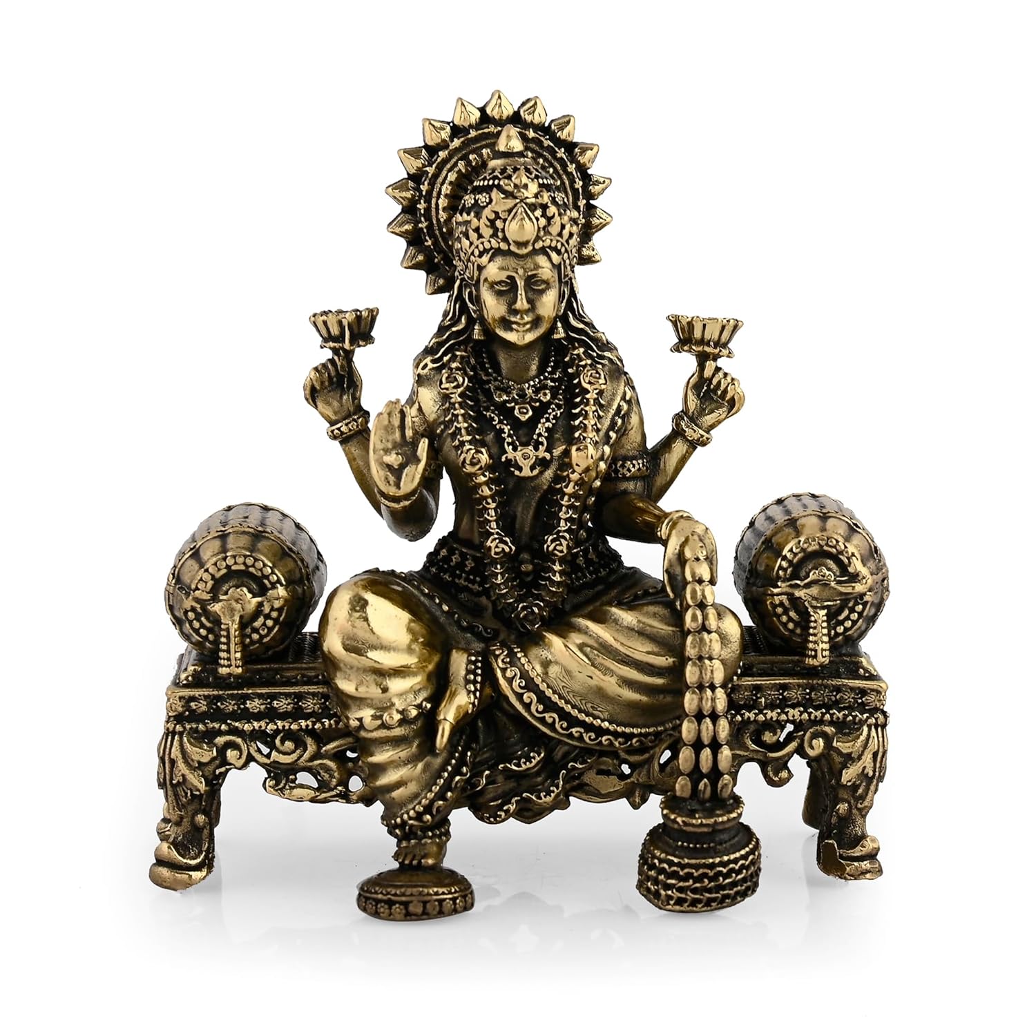 Original Brass Maa Lakshmi Devi Idol Sitting On Throne, Laxmi Ji Ki Murti, Gold