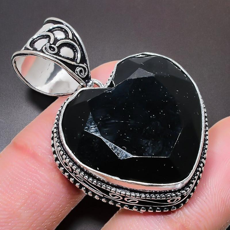 Black Spinel Gemstone Handmade 925 Sterling Silver Jewelry Pendant 2.17" AH-788
