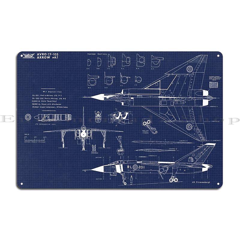 Avro Cf 105 Arrow Mk 1 Чертеж Металлическая Табличка Киноклуб Печать Индивидуальное Украшение Жестяная Вывеска Постер 20x30cm（7.8x11.8inch）