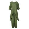 Women's Linen Two-Piece Suit Linen Suit Trousers And Three Quarten Sleeve Irregular Hem Shirts Casual Trouser Suit Round Neck Linen Blouse Loose Linen