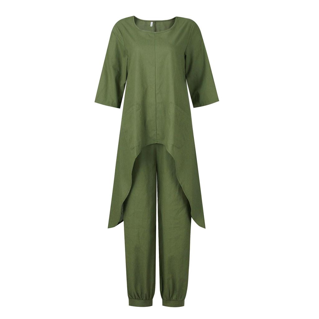 Women's Linen Two-Piece Suit Linen Suit Trousers And Three Quarten Sleeve Irregular Hem Shirts Casual Trouser Suit Round Neck Linen Blouse Loose Linen