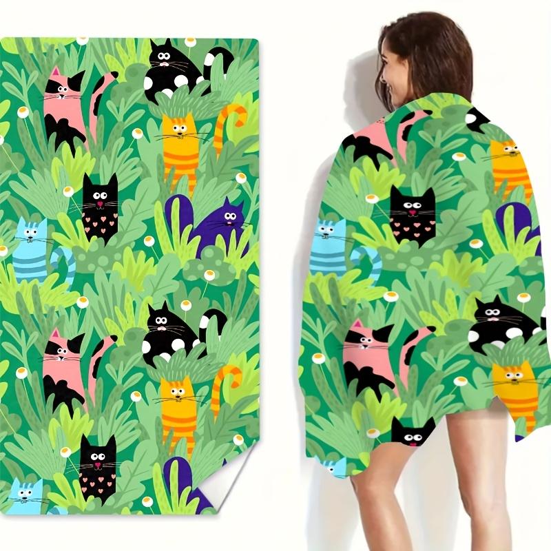

Cute Cartoon Cat Beach Towel Flat Print Colorful Jungle Leaves Large Soft Towel for Kids Women Beach Pool Travel Decor W40*H60(CM)