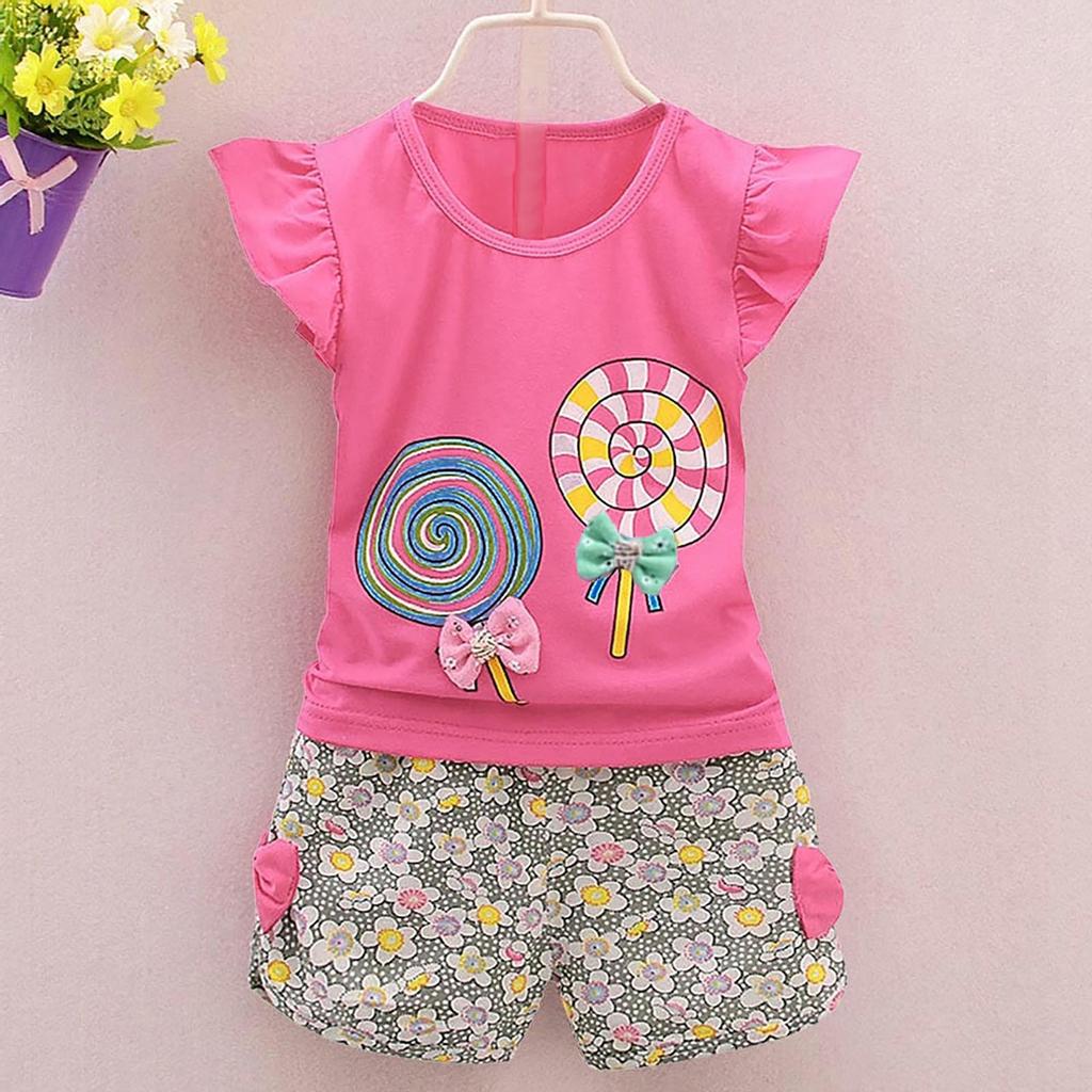 2PCS Toddler Kids Baby Girls Outfits Lolly T-shirt Tops+Short Pants Clothes Set