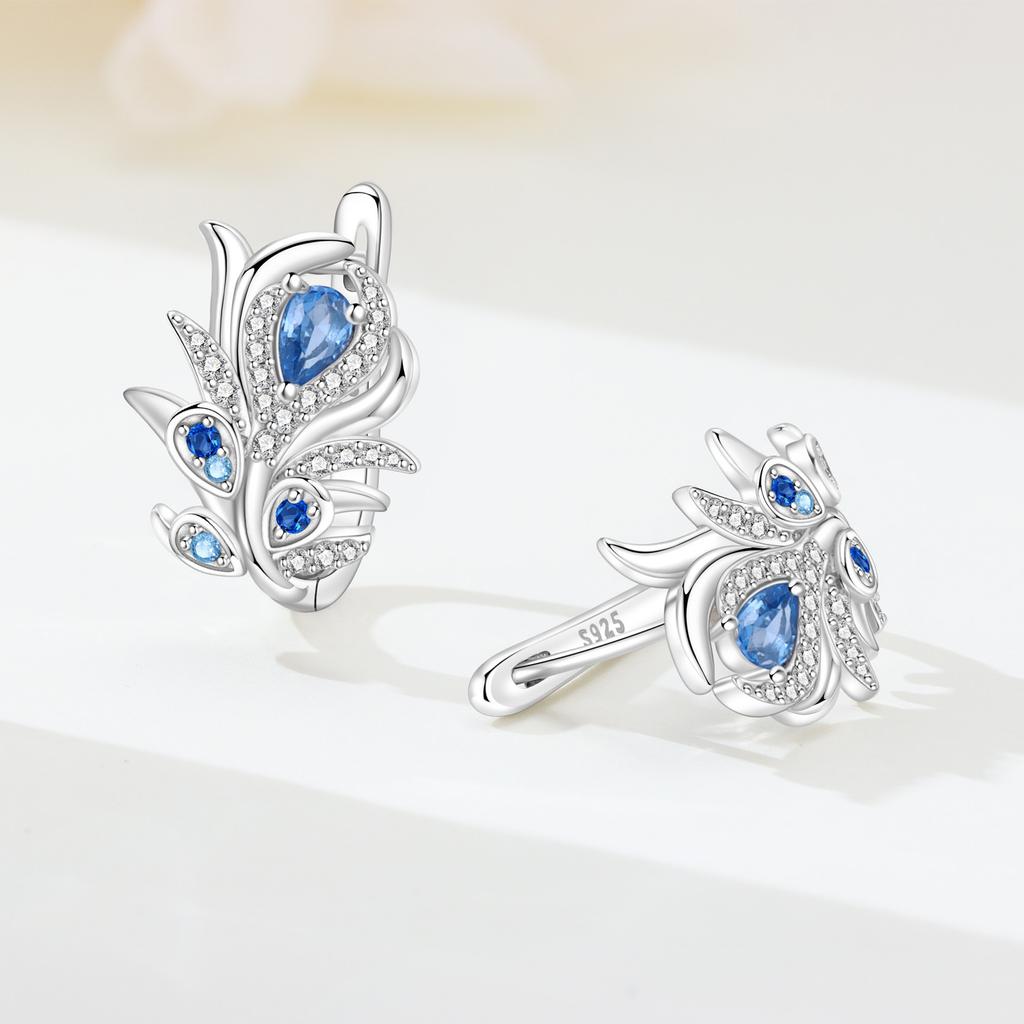 S925 Sterling Silver Blue Zircon Feather Earrings Hoop Earrings Women Jewelry Original Trendy Anniversary Gifts