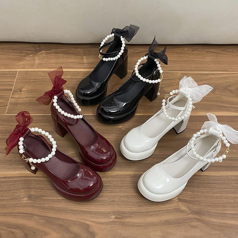 Mary Jane High Heels Women's 2025 Spring and Autumn New Thick Heel Single Shoes Fairy Style Pearl Chain High Heel Single Shoes Small Leather Shoes