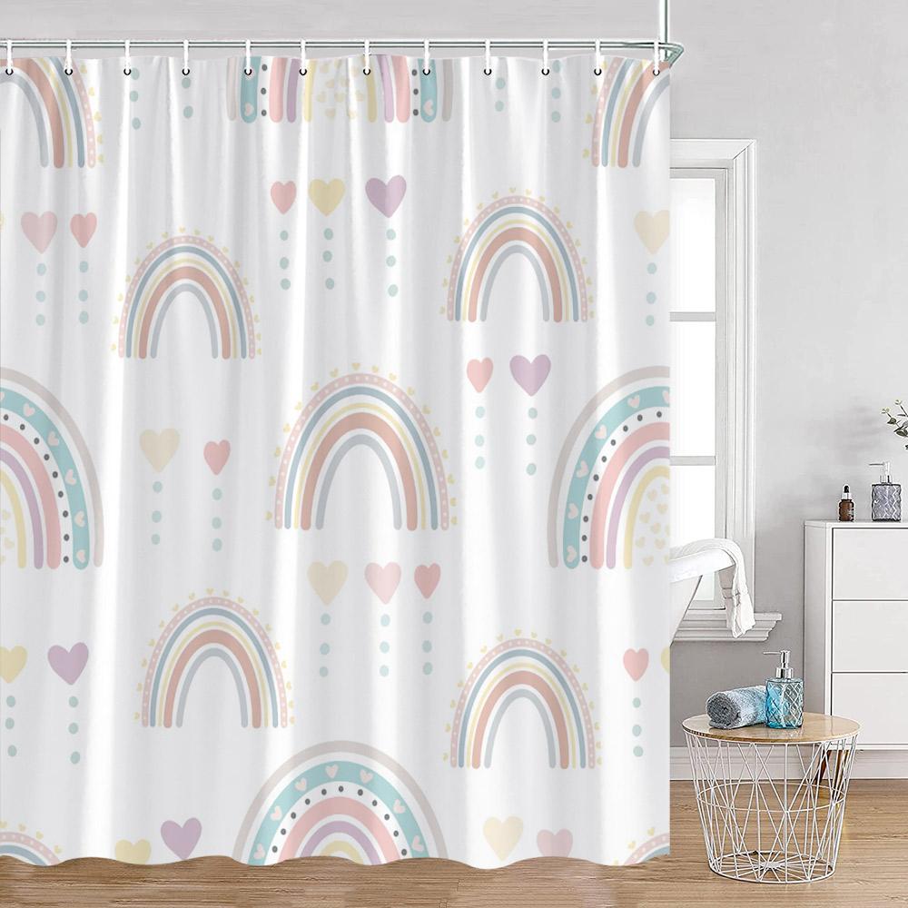 Cartoon Shower Curtains Cute Rainbows Heart Pattern Kids Minimalist Modern Bathtub Decor Polyester Bathroom Curtain With Hooks