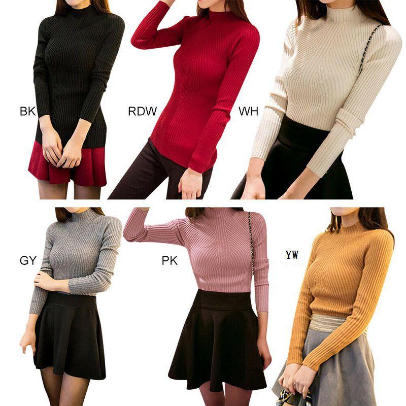 Elegant Women's Long Sleeve Knitted Sweater Turtleneck Jumper Slim Fit Pullover