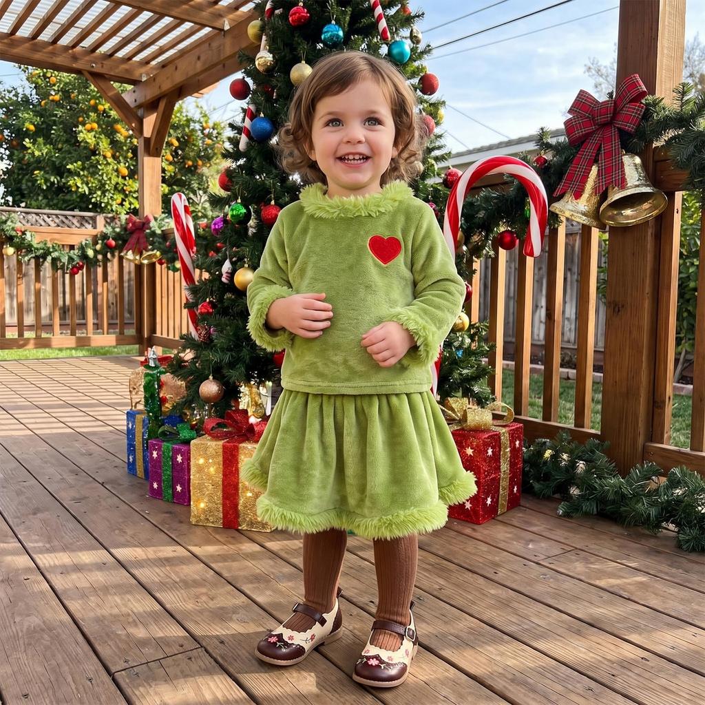 Christmas Outfit Green Velvet Top and Skirt Set with