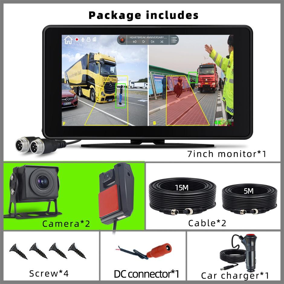 BSD 7" Monitor 2 Channel DVR Record Backup Camera Kit Pedestrian Detection Blind Spot Alarm Dash Cam Reversing for Truck Bus RV