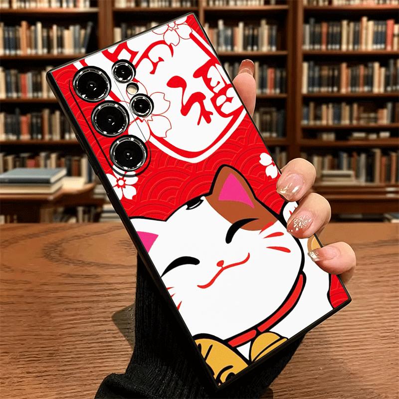 Soft Phone Case For Samsung Galaxy S24 S25 S26 Ultra Lucky Cat Maneki Neko Japanese S23 S22 Plus S21 FE S20 Edge Black Cover S