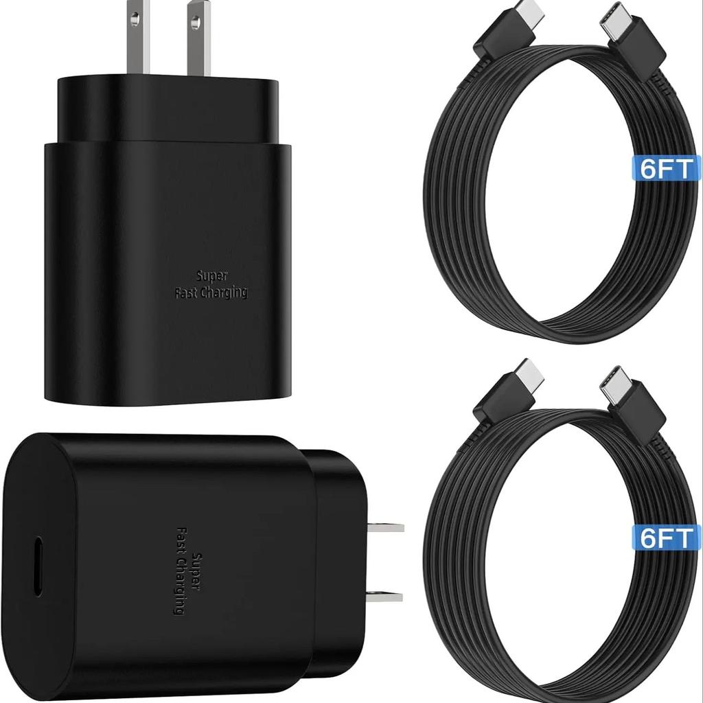 Carregador Tipo C 2 Pacotes 25W PD Carregador de Parede USB Bloco de Carregamento Super Rápido e Cabo de 1,8m para Celular Android para Samsung Galaxy S24