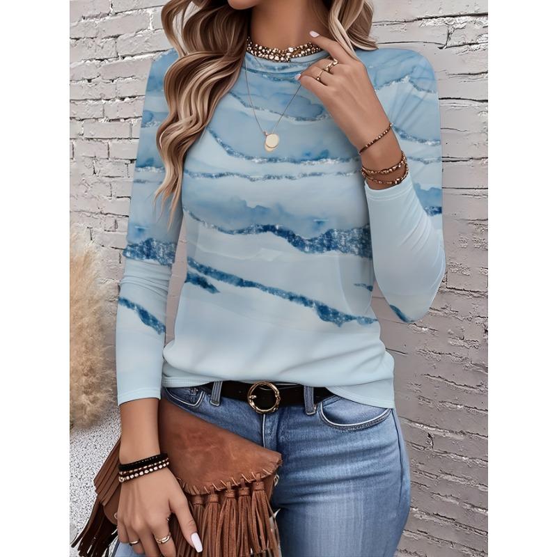 Women's Autumn Long-Sleeve T-Shirt, Marble Print, Street Style Casual Crew Neck Pullover, Loose Fit Outdoor T-Shirt
