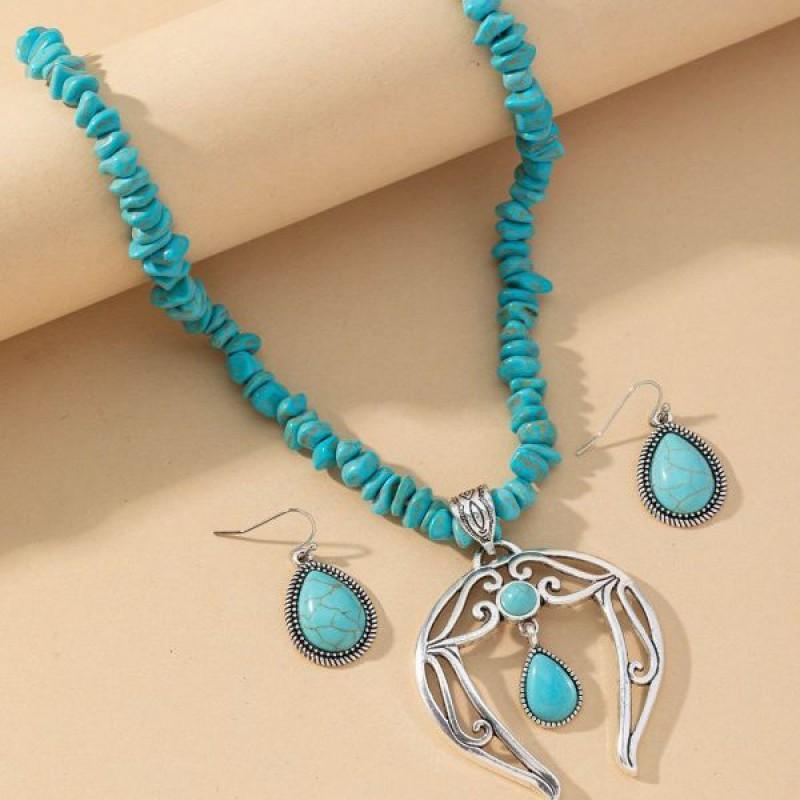 Vintage Turquoise Drop Necklace Earring Set Bohemian Retro Alloy Jewelry Women Men Water Wave Chain