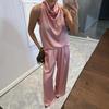 Women 2 Piece Satin Outfits Halter Neck Sleeveless Top And Wide Leg Pants Set Casual Vocation Lounge Set
