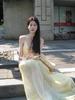 French Fairy Yellow Gradient V-Neck Spaghetti Strap Beach Dress for Women