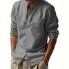 Camicia Casual da Uomo in Misto Lino con Collo Mandarino, Maniche Lunghe, Bottoni, Maniche Arrotolabili