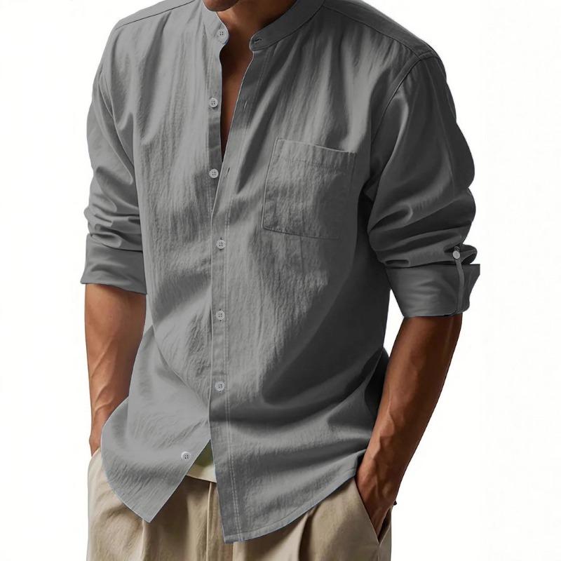 Camicia Casual da Uomo in Misto Lino con Collo Mandarino, Maniche Lunghe, Bottoni, Maniche Arrotolabili