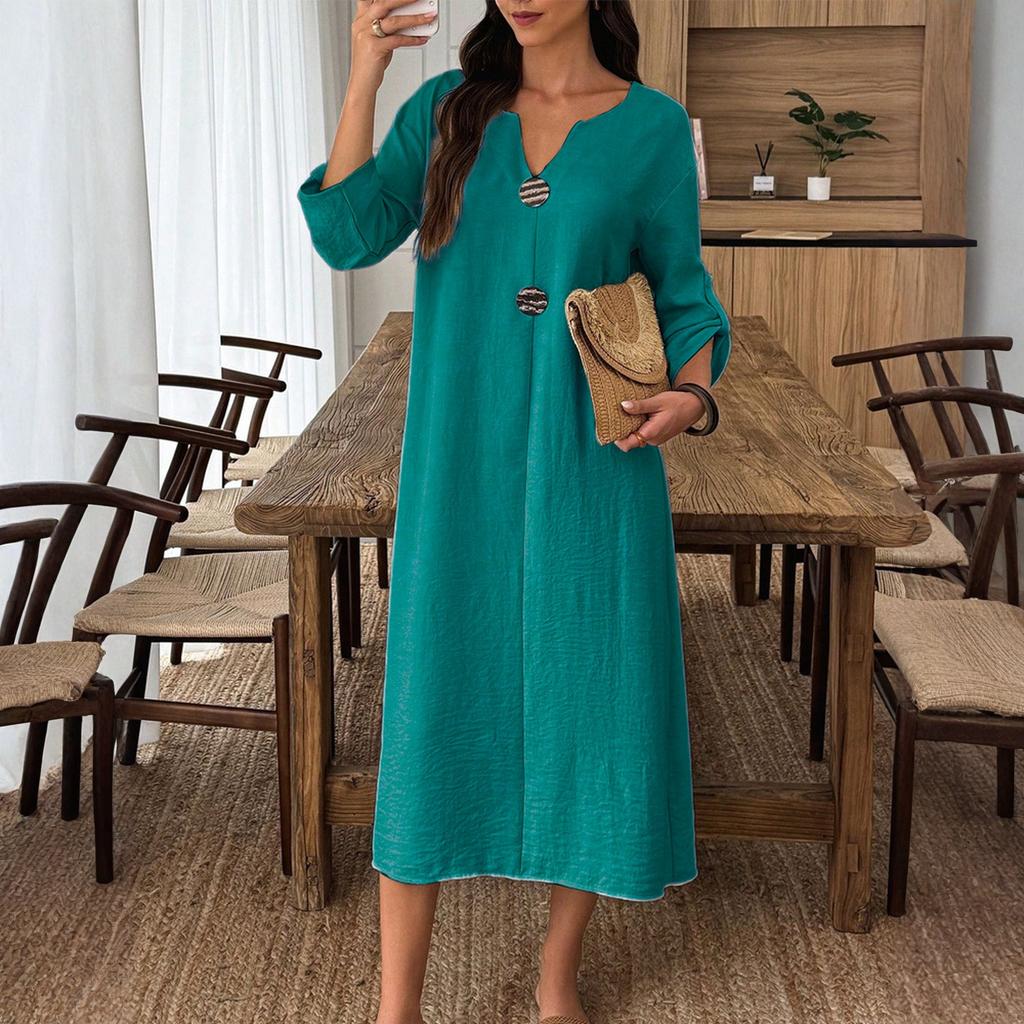 Women's Fashionable Casual V-neck Long-sleeved Color Dress