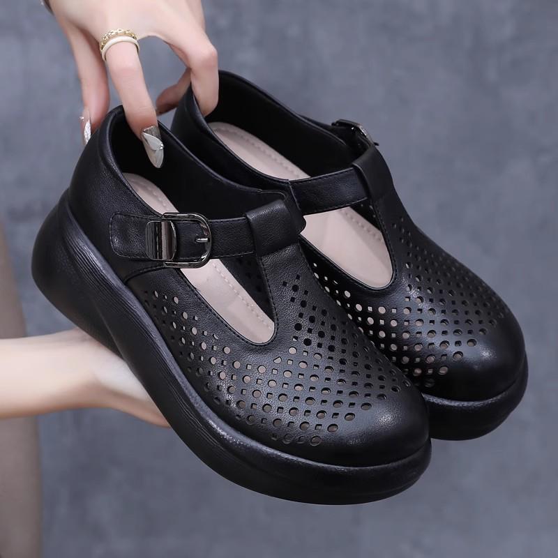 GKTINOO Genuine Leather Closed Toe Sandals For Women Hollow Out Summer Platform Sandals Wedges Leisure Ladies Shoes Handmade