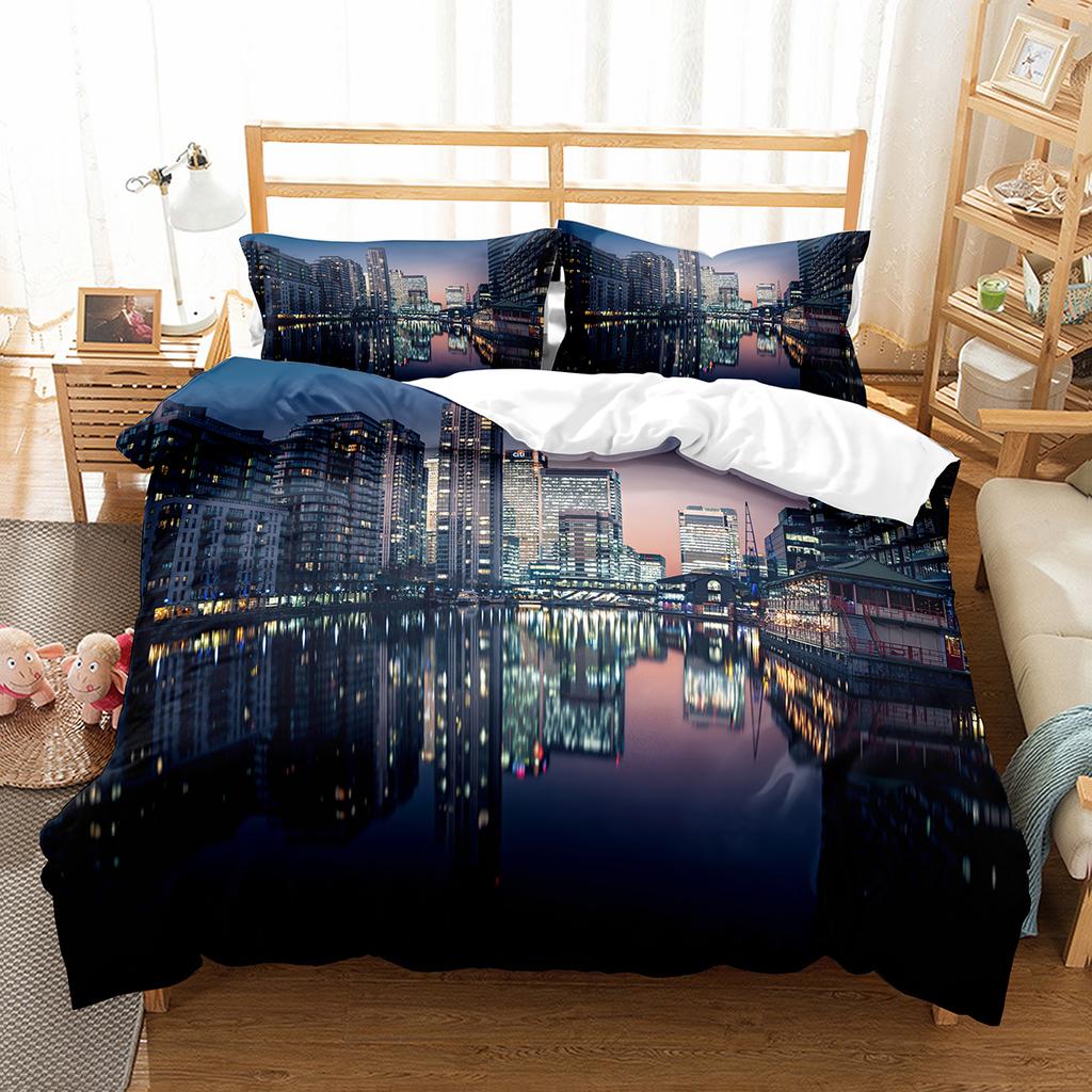 Cityscapes King Queen Duvet Cover Tall Buildings Landscape Bedding Set Busy Traffic View Quilt Cover Polyester Comforter Cover