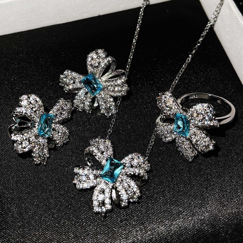 Butterfly Jewelry Set for Women Imitation Natural Topaz Bow Necklace Ring Earrings Fashion Accessory