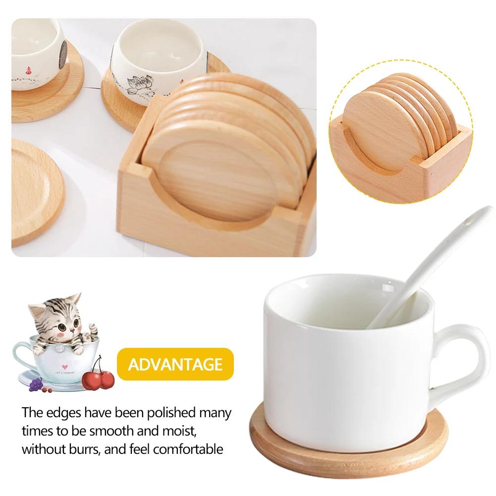 1/6 szt. Podkładki pod kubki w stylu japońskim z drewna bukowego Podkładki Drewniane pudełko na podkładki Okrągły kształt Izolacja Podkładka pod kubek do kawy i herbaty