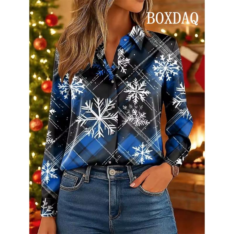 Christmas Women's Plaid Snowflake Blouse Elegant Shirt Fashion Casual 3D Print X-Mas Party Wear Autumn Long Sleeve Tops