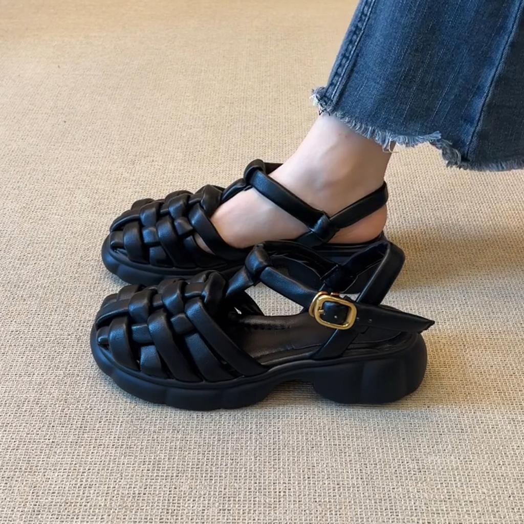 Sheepskin Version~ Super Soft Thick-soled Woven Hollowed-out Word with Roman Sandals Women's New Skirt Thick Heel Bag Head Shoes